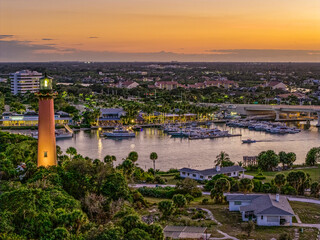 aerial view of Jupiter Inlet Lighthouse with decoration at sunset © Bruce