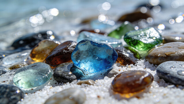 Colorful sea glass on sandy beach with ocean bokeh.
