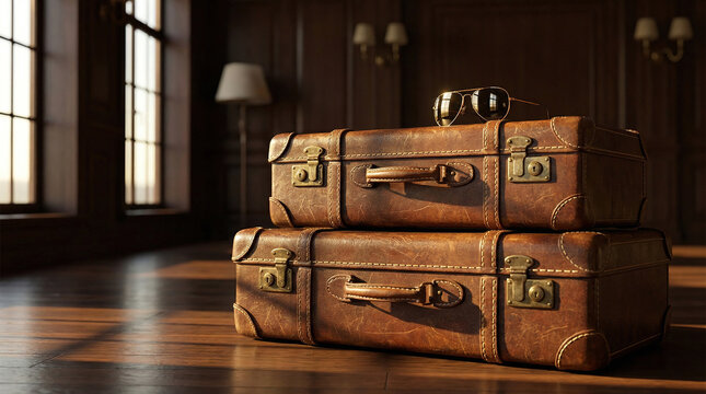 Stacked vintage leather suitcases with sunglasses in sunlit room