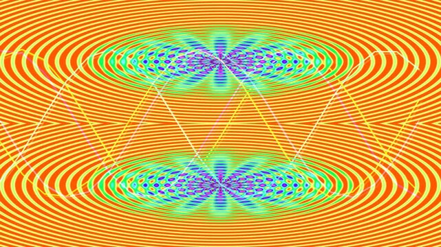 Colorful Geometric Wave Pattern with Vibrant Ripples and Grids