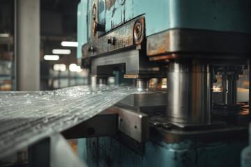 Fototapeta premium An industrial machine presses sheets of material in a factory setting, exemplifying the efficiency and precision required in manufacturing and production processes.