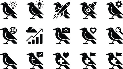 Fototapeta premium Raven Silhouette Icon Collection Set
