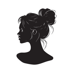 Fototapeta premium Woman with messy bun hair. Messy bun hairstyle with eyelashes. Simple black silhouette graphic. Cartoon style. Vector illustration on white isolated background.
