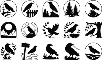Fototapeta premium Raven Silhouette Icon Collection Set