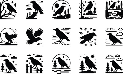 Fototapeta premium Raven Silhouette Icon Collection Set
