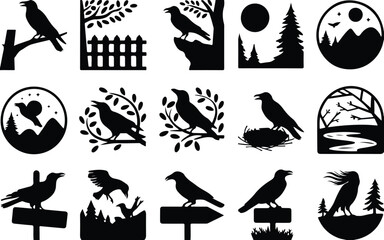 Fototapeta premium Raven Silhouette Icon Collection Set