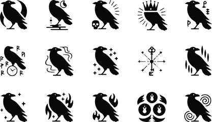 Fototapeta premium Raven Silhouette Icon Collection Set
