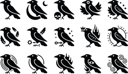 Fototapeta premium Raven Silhouette Icon Collection Set