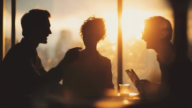 Three silhouettes sit around a sunlit table in a cafe; warm sunset glow floods the room, a tablet and glass catching light as the group chats in soft, amber shadows