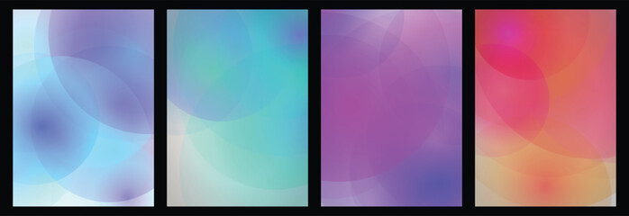 Obraz premium Colorful overlapping gradient poster circles offer smooth blurred transitions across four layouts set. An elegant vector template set ideal for modern event posters or corporate brochures. 