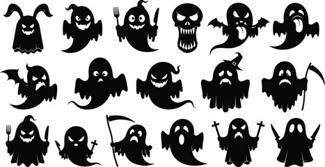 Obraz premium Silhouette of various spooky halloween ghosts and scary monster characters with different expressions for holiday party and festive graphic design