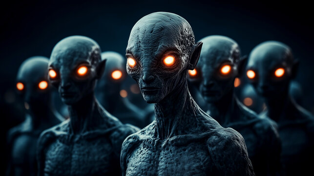Army of grey aliens with glowing orange eyes in the dark