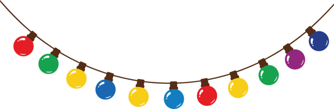Colorful hanging light bulb garland vector illustration with festive string lights, holiday decoration design element isolated on white background.