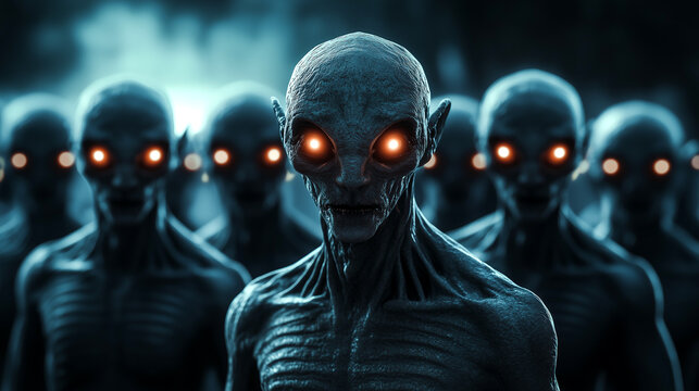 Army of grey aliens with glowing orange eyes in the dark