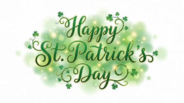 Colorful illustration of Happy St. Patrick's Day text adorned with clovers and sparkles, set against a light background, symbolizing festive celebrations