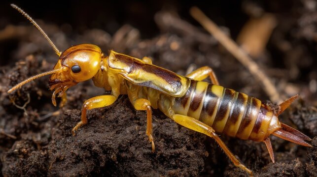Detailed macro photograph of a yellow and brown striped earwig insect with prominent cerci resting on dark soil