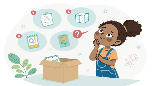 A young girl thinking about a cardboard box with checklist and calendar icons