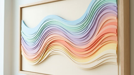 Obraz premium Colorful wavy layered paper art in wooden frame on wall transparent background