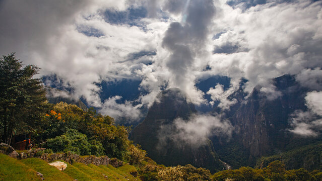 Morning mountains Andes in fog and clouds around Machu Picchu, Peru
