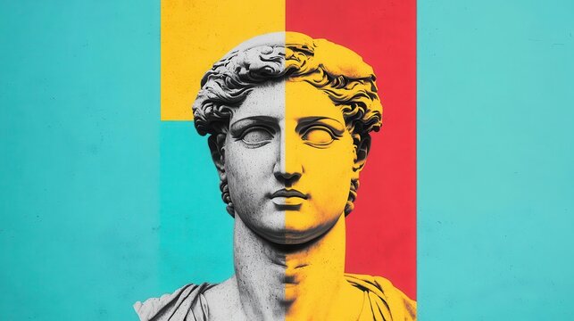 Surreal collage combining classical statues with modern color blocks and textures