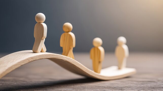 Wooden human figurines walking upward on a smooth curved path representing business success concept