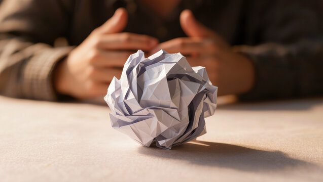 Crumpled Paper Ball on Desk with Out of Focus Hands