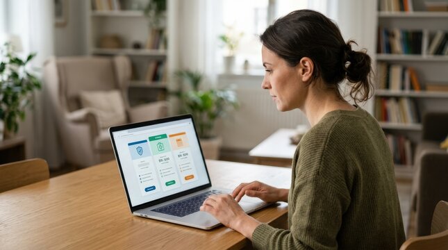Medium shot of a consumer using a laptop to compare multiple insurance plan options on a website with the main screen in sharp focus and background softly blurred.