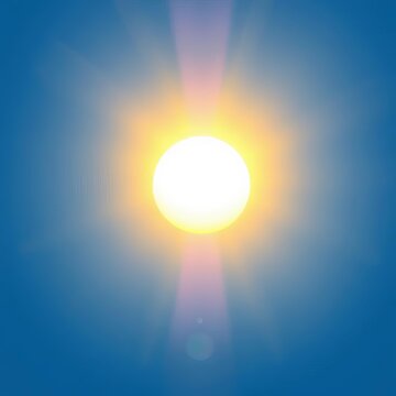A bright yellow sun shining in a blue sky, illustrating a simple word with multiple interpretations,  homophone, sun