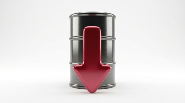 A shiny metallic grey barrel with a prominent red downward arrow placed directly in front of it on a white background