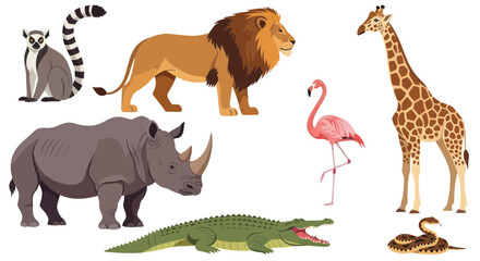 African Safari Animals Collection: Lion, Giraffe, Rhino, Flamingo, Lemur, Crocodile, Snake © oka