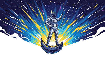 Astronaut standing on moon crescent with cosmic explosion background © oka