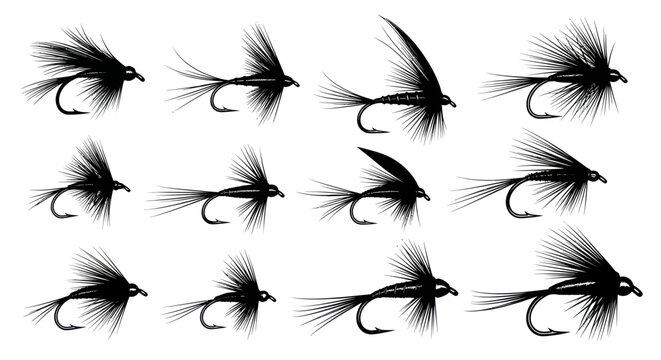 Collection of 12 Black Fishing Lures, Fly Fishing Tackle, Imitation Insects