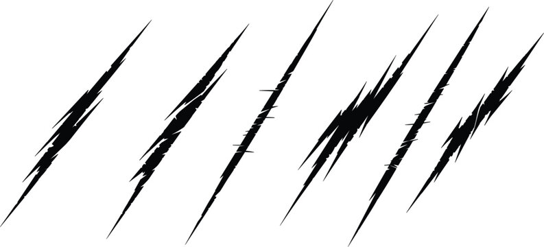 Scratch mark vector set with sharp grunge claw slashes, distressed abstract streak elements for horror and action designs isolated on white background.