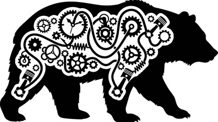 Fototapeta premium Minimalist Grizzly Bear Silhouette with Steampunk Gears, Nature Technology Fusion Monochrome Vector