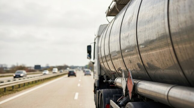 Close up side view of a large silver tanker truck driving on a multi lane highway with blurred background traffic under