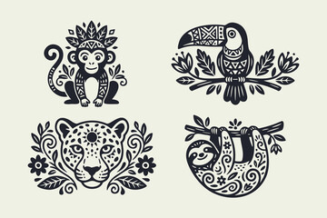 Fototapeta premium Tropical Jungle Animal Illustrations Set with Tribal Folk Art Patterns