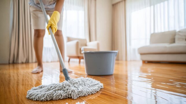 Person mopping polished wooden floor in bright living room with gray bucket and microfiber mop
