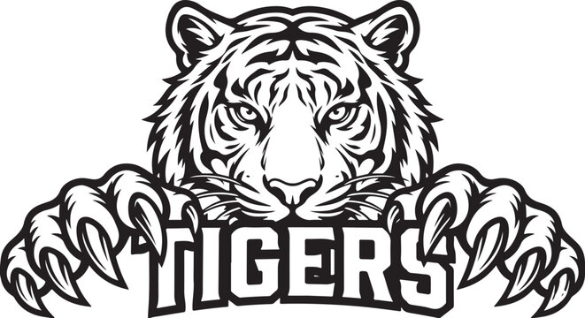 Intimidating tiger head with claws and 'tigers' text - sports team mascot logo with big cat