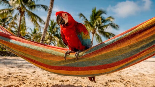 Red Parrot Bird Sit in Hammock on Beach with Palm Trees on Sunny Day