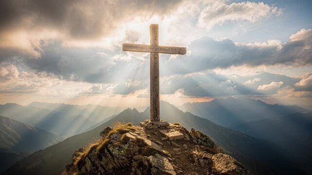 Cross Atop Mountain Peak with God Rays and Dramatic Clouds