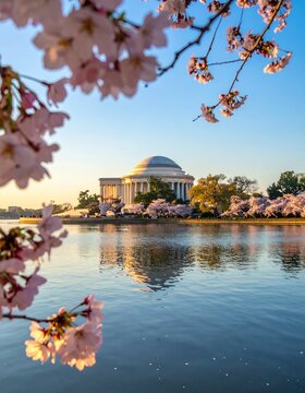 Jefferson Memorial and Tidal Basin with Cherry Blossoms at Sunrise.
