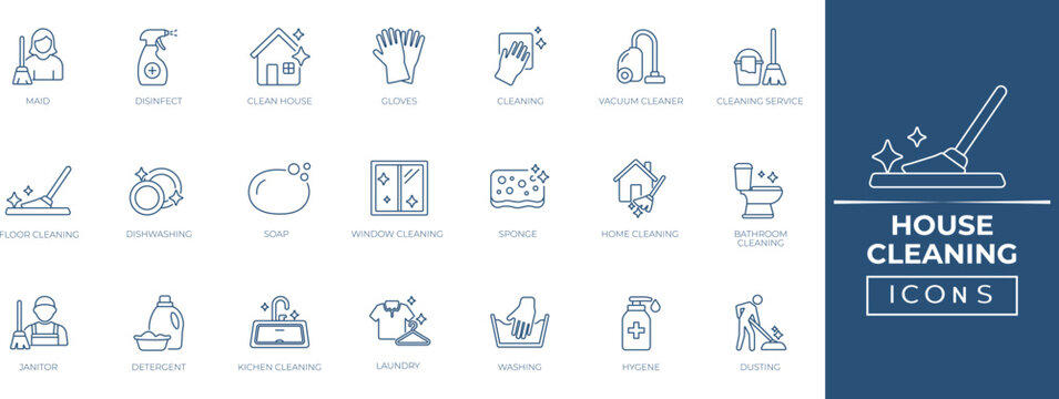 House cleaning line icon collection. Containing sponge, disinfect, vacuum cleaner, mop, washing, broom, soap, maid, laundry, home cleaning,  and more. Perfact outline vector icons collection.
