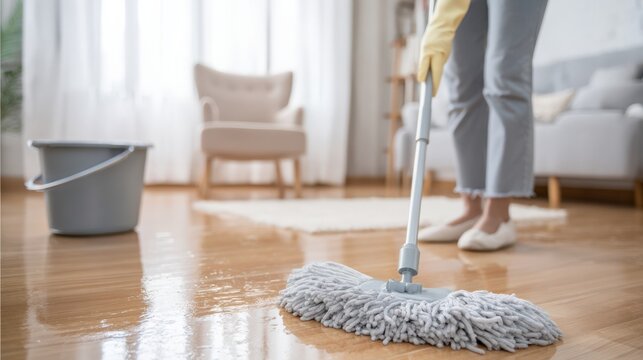 cleaner mopping polished wooden floor in bright living room with gray microfiber mop and gloves