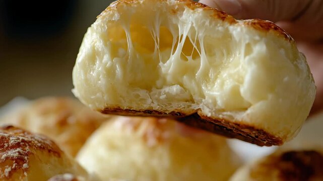 Close-up of a delicious cheese-filled bread roll being pulled apart, showing gooey cheese strings