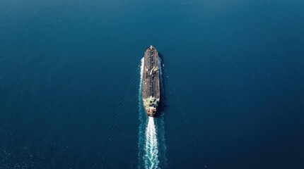 Naklejka premium Massive oil tanker sailing across a calm deep blue ocean A long foamy white wake trails behind the vessel