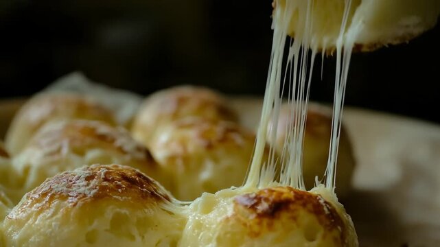 Delicious cheese bread rolls with melted cheese stretching out as one is pulled apart