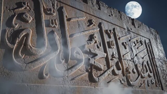 Ancient Arabic calligraphy carved in stone under the moonlight