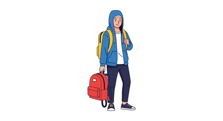 A young student with a backpack stands casually wearing a hooded jacket and sneakers a striking silhouette high quality professional detailed © GDOthoi02