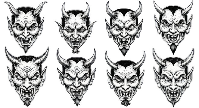 Scary Devil Faces Collection: Horned Demons with Fangs and Fierce Expressions