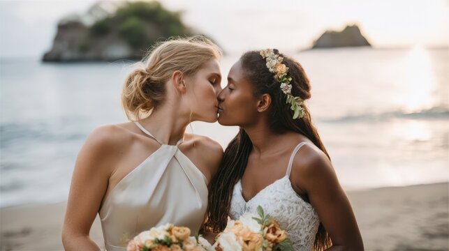 Two brides kissing on beach at sunset, holding floral bouquets with ocean and rocks in background